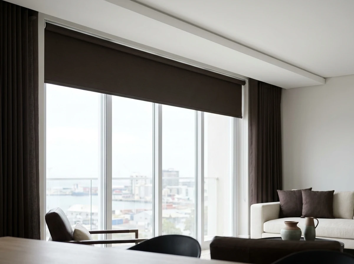 Concealed blind recessed into a ceiling slot in a minimalist Green Point apartment, blind emerging from the invisible pocket