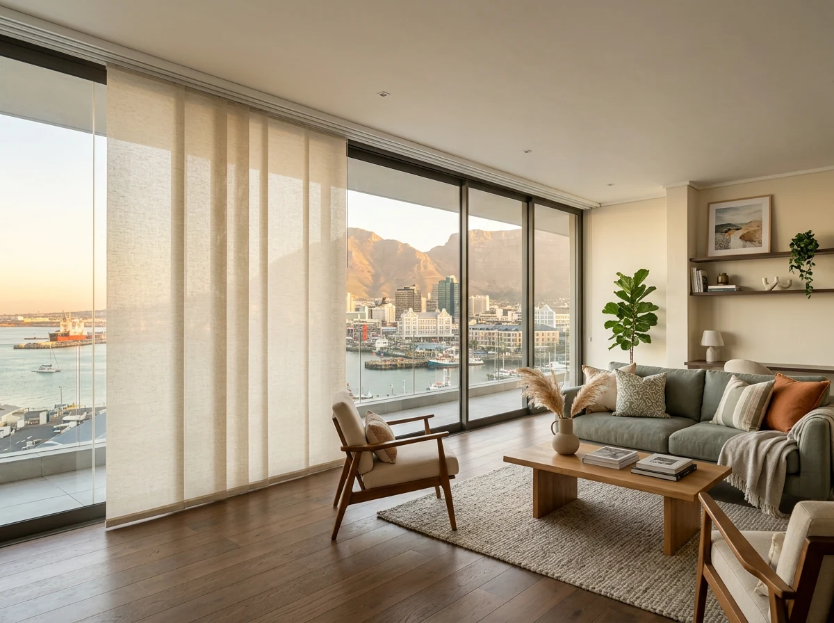 Wide sunscreen panel glide blinds stacked open on a ceiling track across full-height glazing in a Green Point apartment