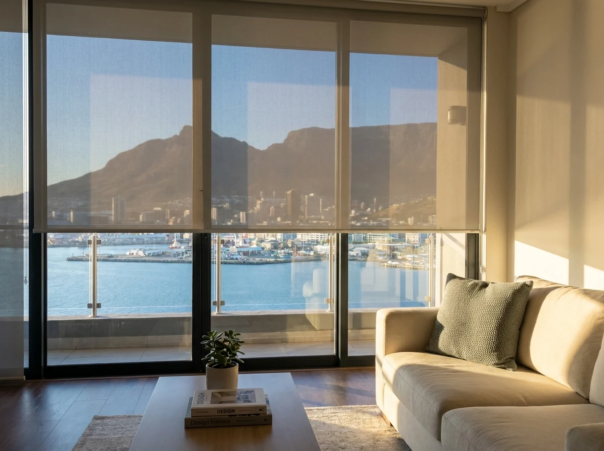 Sunscreen mesh roller blind lowered over floor-to-ceiling glass in a Green Point living room, harbour skyline visible through the fabric