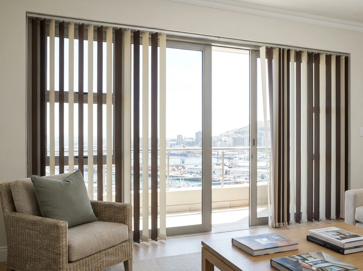 Fabric vertical blind vanes beside a wide sliding balcony door in a Green Point apartment, harbour view through the opening